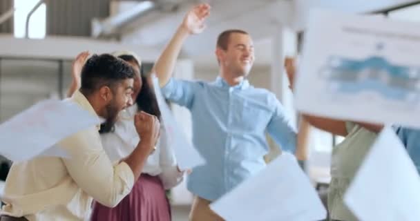 Success, celebration and business people with documents in air for business deal, goal and achievement. Startup, teamwork and group of of people cheering, applause and high five for victory in office. - Footage, Video