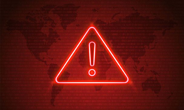 Figyelem, veszélyes hackelés. Neon szimbólum a piros térképen háttér. Biztonsági védelem, Malware, Hack Attack, Data Breach koncepció. Rendszer feltört hiba, támadó riasztás jele számítógépes vírus. Ransomware-t. Vektorillusztráció - Vektor, kép