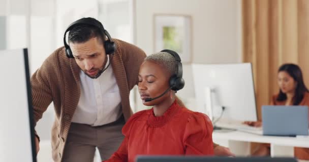 Black woman, leadership or call center manager coaching, training or helping a sales agent on telemarketing skills. Mentorship, crm or customer service employees talking, communication or speaking. - Video