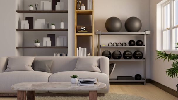 Modernes modernes Wohnzimmer mit bequemer Couch, eingebauten Regalen mit Dekor, Sportgeräten im Regal und Wohnkultur. 3D-Renderer, 3D-Illustration - Foto, Bild