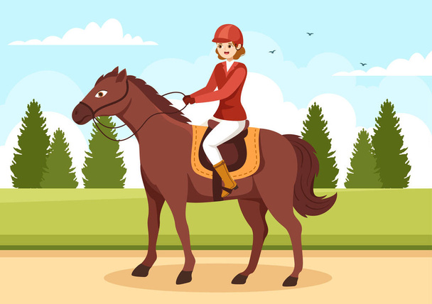 Ιππασίας Sport Horse Trainer με εκπαίδευση, μαθήματα ιππασίας και Running Horses σε επίπεδη Cartoon χέρι που σχεδιάζεται πρότυπο εικονογράφηση - Διάνυσμα, εικόνα