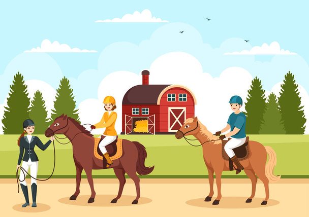Кінний спортивний тренер коней з навчанням, уроками верхової їзди та біговими конями у плоскій мультяшній ручній ілюстрації шаблону
 - Вектор, зображення