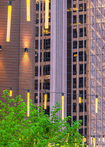 Вертикальные огни над улицей в центре Солт-Лейк-Сити в штате Юта. Наружные фонари рядом с деревьями напротив зданий сзади с отражающими стеклянными окнами. - Фото, изображение