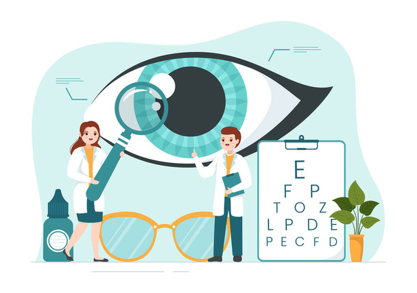 Optetrist s oftalmologem kontroluje zrak pacienta, oční optické testy a technologie brýlí v ploché kreslené ručně kreslené šablony Ilustrace - Vektor, obrázek