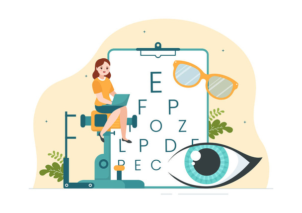 Optometrista con oftalmólogo comprueba la vista del paciente, la prueba óptica de los ojos y la tecnología de gafas en dibujos animados planos Plantillas dibujadas a mano Ilustración - Vector, Imagen