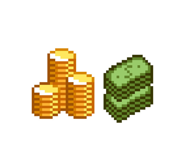 Pixel Art Cash Money und Stapel von Münzen Vektor-Symbol. Pixel-Goldmünzen stapeln sich in Banknoten, Bargeld. Pixelspiel-Ikonen im Retro-Stil der 80er bis 90er Jahre. Vektorillustration. - Vektor, Bild