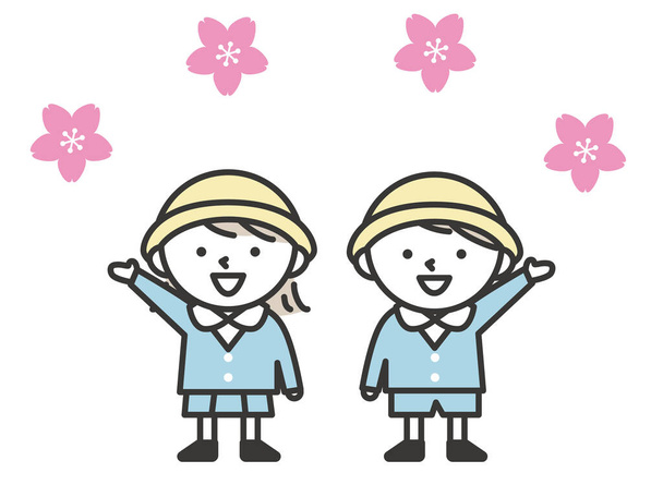 Girl and boy kindergarteners in uniforms raising hands. - Vector, Image