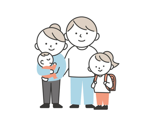 A family of four standing side by side. Father, mother, baby and elementary school girl. - Vector, Image