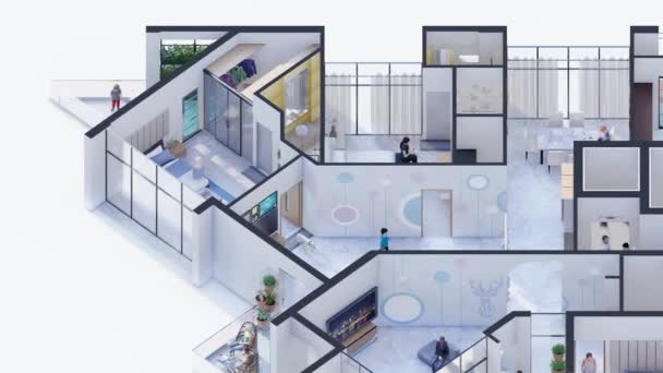 Animated Three bedroom family apartment isometric floor plan - Footage, Video