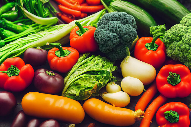 Varias verduras en exhibición en un mercado, colores vibrantes, idea de estilo de vida saludable, fotografía de alimentos, IA generativa - Foto, Imagen