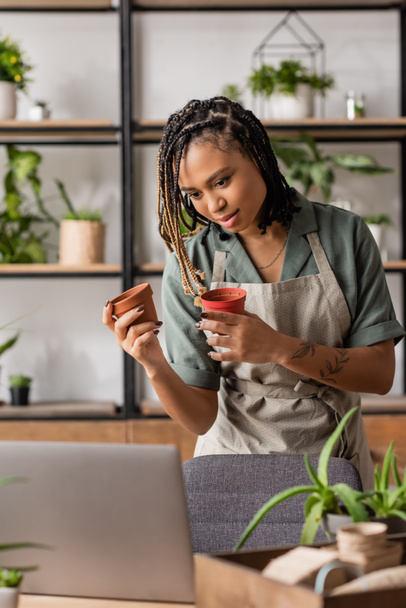 jong Afrikaans amerikaans vrouw in schort bedrijf bloempotten in de buurt van laptop tijdens video call in bloemenwinkel - Foto, afbeelding