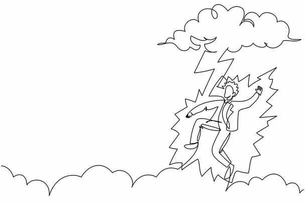 Contínuo uma linha desenhando empresário infeliz atingido por um raio ou trovão de nuvem escura. Má sorte, miséria, azar, desastre, risco, perigo. Desenho de linha única desenho vetorial ilustração gráfica - Vetor, Imagem