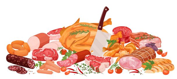 Προϊόντα κρέατος επίπεδη σύνθεση με σειρά από διάφορα προϊόντα διατροφής που γίνονται με κρέας και πράσινα μπαχαρικά διανυσματική απεικόνιση - Διάνυσμα, εικόνα