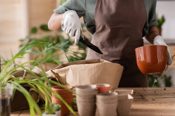 cropped view of african american florist in apron holding flowerpot and garden scoop with soil near blurred plants - Photo, Image