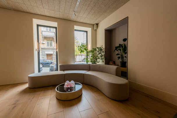 modern sofa and coffee table near green plants in luxury hotel lobby  - Zdjęcie, obraz