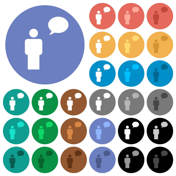 One talking person with oval bubble solid multi colored flat icons on round backgrounds. Included white, light and dark icon variations for hover and active status effects, and bonus shades. - Vecteur, image
