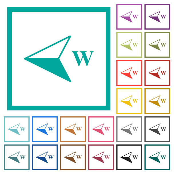 Iconos de color plano de dirección de brújula oeste con marcos de cuadrante sobre fondo blanco - Vector, imagen