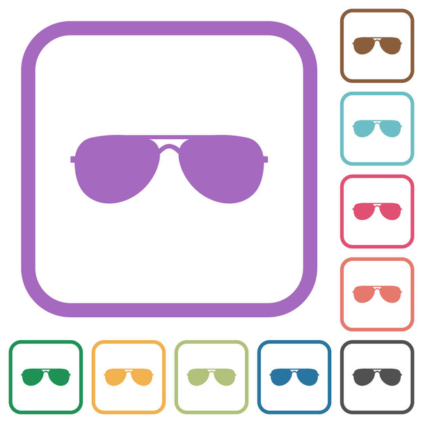 Aviator sunglasses simple icons in color rounded square frames on white background - Vector, Image