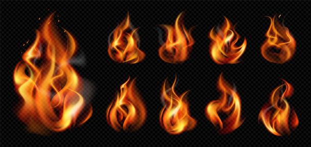 Realistické plamen transparentní ikona nastavit devět izolovaných mini požáry na tmavém pozadí vektorové ilustrace - Vektor, obrázek