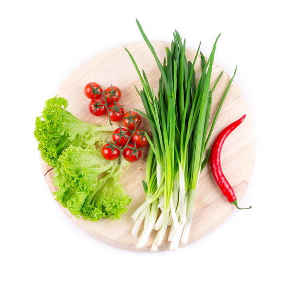 Green onion and cherry tomatoes - Fotoğraf, Görsel