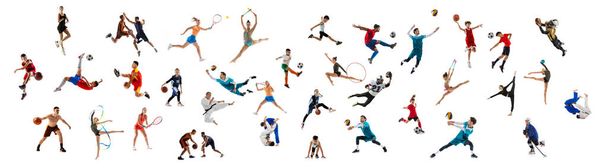 バレーボール,バスケットボール,サッカー,テニス, mma.白い背景に隔離されたプロのアスリートのメガコラージュ。行動、運動、スポーツ生活、動機、競争の概念。広告のコピースペース. - 写真・画像