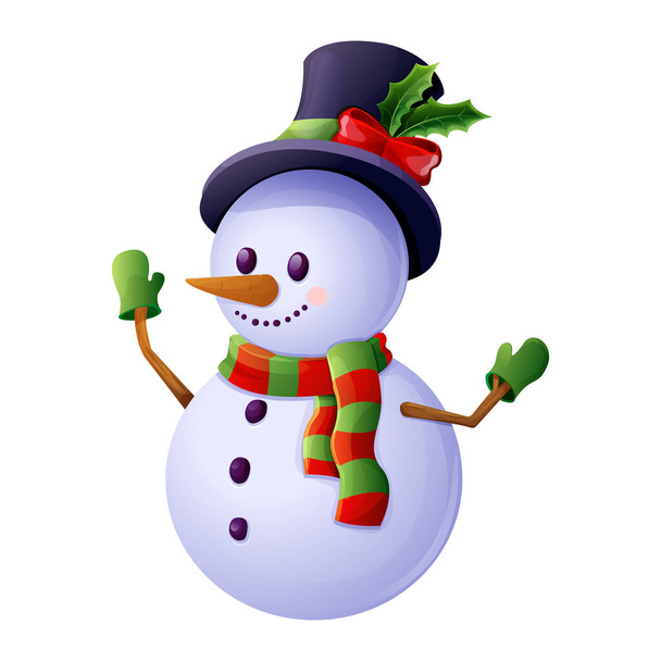 Söpö lumiukko silinteri, huivi, emotionaalinen onnellinen kasvot sarjakuva tyyli eristetty valkoisella taustalla. Joulun hahmo, talven koristelu. Vektoriesimerkki - Vektori, kuva