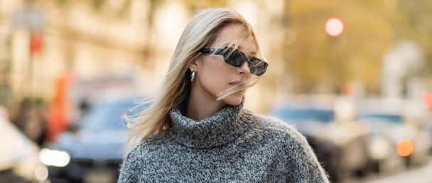 stijlvolle vrouw met zonnebril en grijze trui in New York City, spandoek  - Foto, afbeelding