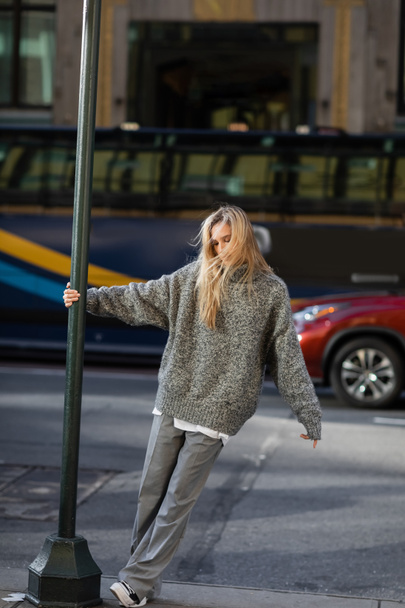 New York 'ta sokak direğine yakın poz veren, gri kışlık kıyafetli şık genç bir kadın.  - Fotoğraf, Görsel