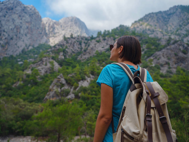 Girl Traveler Hiking Backpack Rocky Mountains Stock Photo