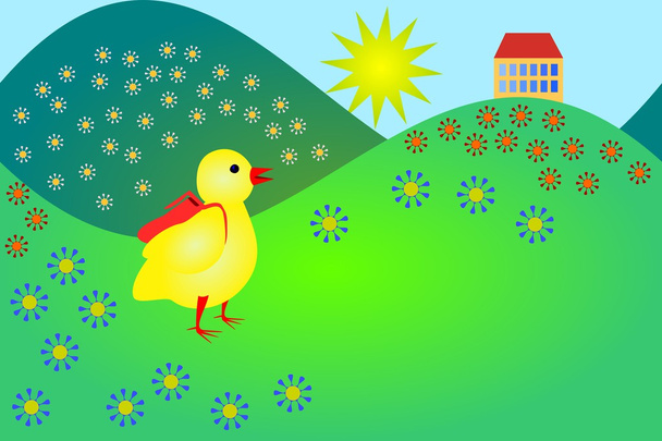 Little cute yellow chicken goes to school at spring - Photo, Image