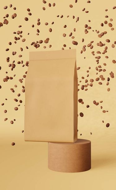 Ruskea paperi pussi pussit kuuluvat kahvipavut palkintokorokkeelle 3D renderöinti suunnittelu. Merchandise pakkaus tasapainotus promo. Tyhjä kraft tuotepakkaus leviää malli Kahvila toimitus alennus esittelyä. - Valokuva, kuva