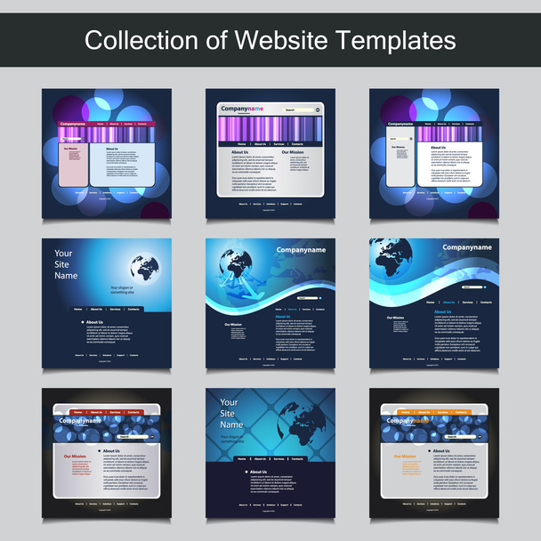 Collection of Website Templates for Your Business - Nine Nice and Simple Design Templates with Different Patterns and Header Designs - Διάνυσμα, εικόνα