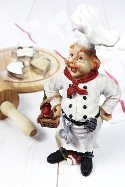 Figura vintage: Chef francés, rodillo, taza para hornear con flou
 - Foto, imagen