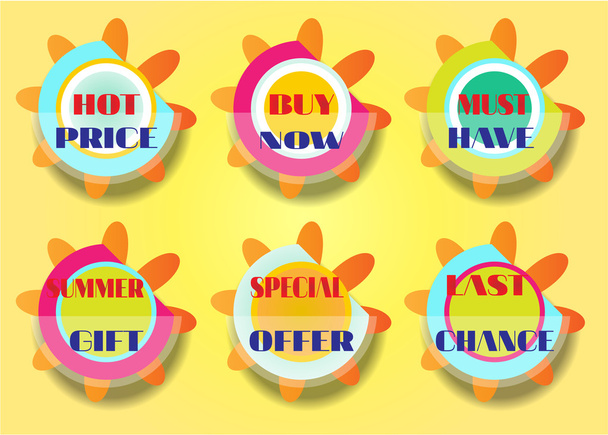 Set of six stickers, text - best price, buy now, must have, special gift, special offer, last chance - Vektor, Bild