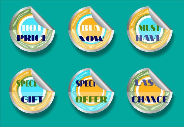 Set of six stickers, text - best price, buy now, must have, special gift, special offer, last chance - Vector, Image