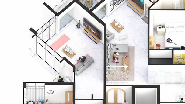 Isométrico Explosión de un interior de apartamento que muestra las salas de estar - Foto, Imagen