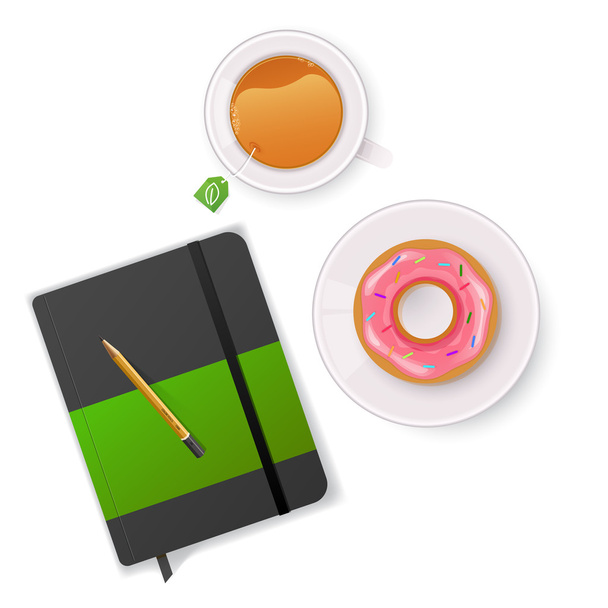 Scene with notebook and tea - Vector, Image