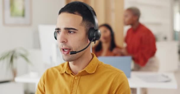 Man, telemarketing agent and working with documents for customer details, customer service consultant and crm contact us. Call center support, sales consulting and businessman report discussion. - Footage, Video