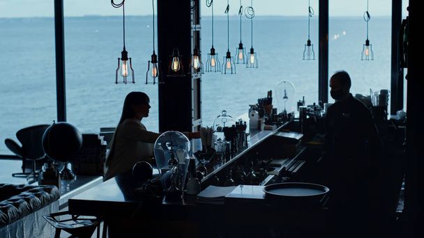 Depresyondaki kadın silueti kokteyl okyanus manzarası sipariş ediyor. Bilinmeyen bir iş kadını, barmen, karanlık otel salonunda oturuyor. Bilinmeyen garson içecekler hazırlıyor panoramik pencereler süslü restoranlar - Fotoğraf, Görsel