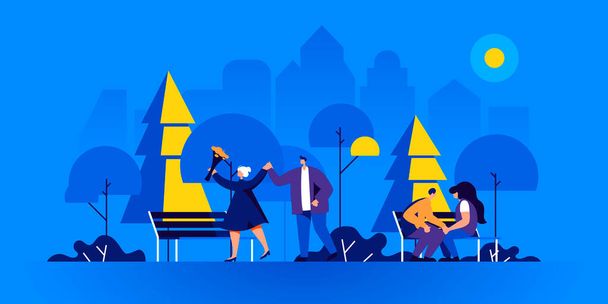 Romantic couples on evening date in park. Men and women in love spending time together outdoors. Cute male and female cartoon characters walking or sitting on bench at night. Flat illustration. - Photo, Image