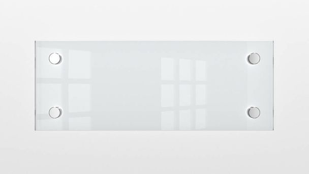 Close-up van aan de muur gemonteerde blanco glazen naambordje. 3d illustratie. - Foto, afbeelding
