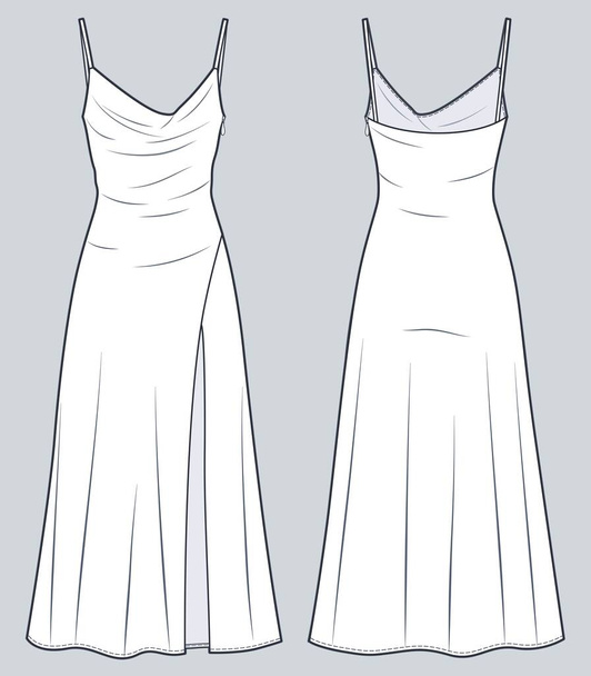 Halter Dress technikai divat illusztráció. Strap maxi Öltöztetős divat lapos műszaki rajz sablon, elülső rés, oldalsó cipzár-up, elölről és hátulról, fehér szín, nők CAD mockup. - Vektor, kép