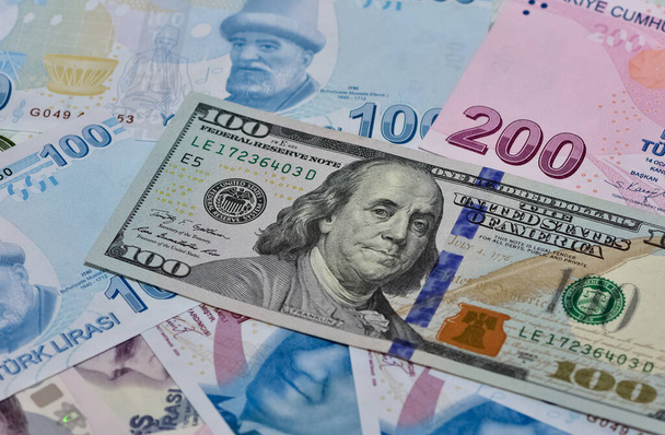 various country banknotes. turkish lira and us dollar photos - Foto, immagini