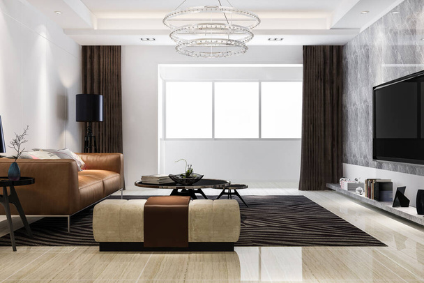 3d representación loft sala de estar de lujo con lámpara de araña de diseño - Foto, imagen