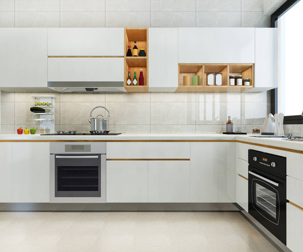 3d renderizado moderno mostrador de cocina con diseño blanco y biege - Foto, Imagen
