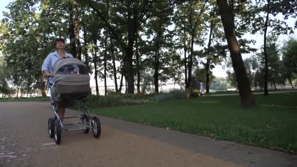 Die schöne junge Mutter geht mit dem Kinderwagen durch den Park. Gesamtplan. Die Kamera ist in Bewegung. 4K Slow Mo - Filmmaterial, Video