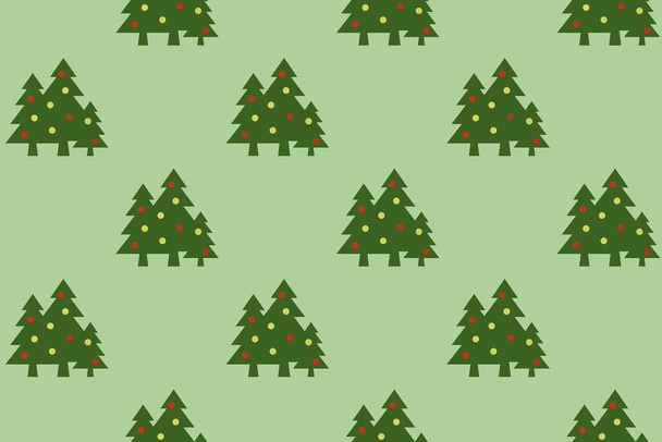 Зразок. Зображення зелених різдвяних дерев з кулями на пастелі жовтого зеленого фону. Символ Нового року і Різдва. Хронологія застосування на поверхню. Горизонтальний образ. 3D зображення. 3d рендеринг - Фото, зображення