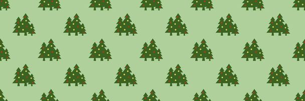 Wzór. Wizerunek zielonych choinek z kulkami na pastelowym żółtym zielonym tle. Symbol Nowego Roku i Bożego Narodzenia. Wzór do stosowania na powierzchnię. Poziomy obraz. Obraz 3D. 3d renderowanie - Zdjęcie, obraz