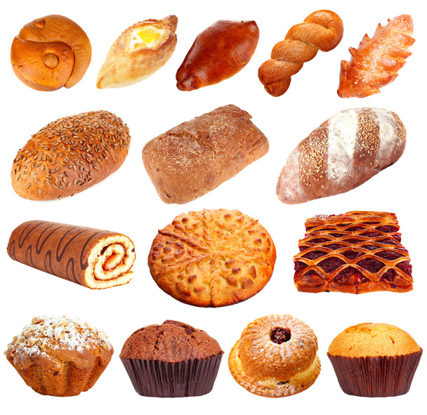Collage of different pastries and bakery items, isolated on white - Photo, image