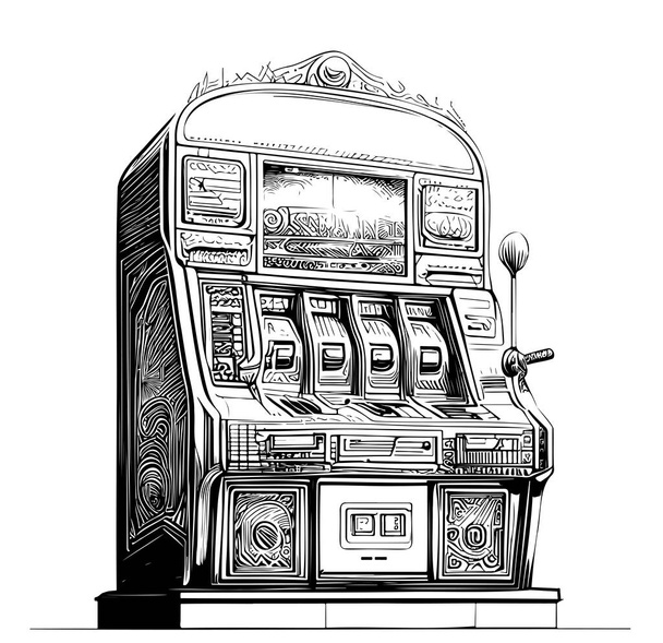 Игровой автомат однорукий бандитский винтажный эскиз ручной работы Векторная иллюстрация. - Вектор,изображение